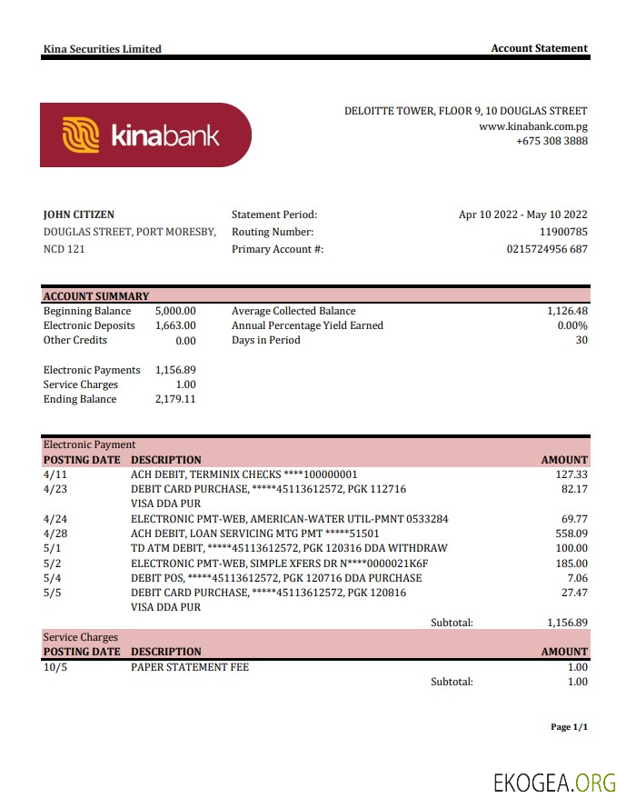 Relevé bancaire de Papouasie Nouvelle Guinée Kina Securities Limites